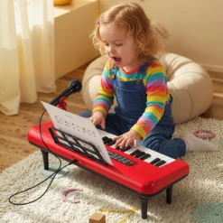 37 Tasten Elektronisches Klavier mit Mikrofon & Notenständer & Abnehmbare Beine Digitalpiano Rot