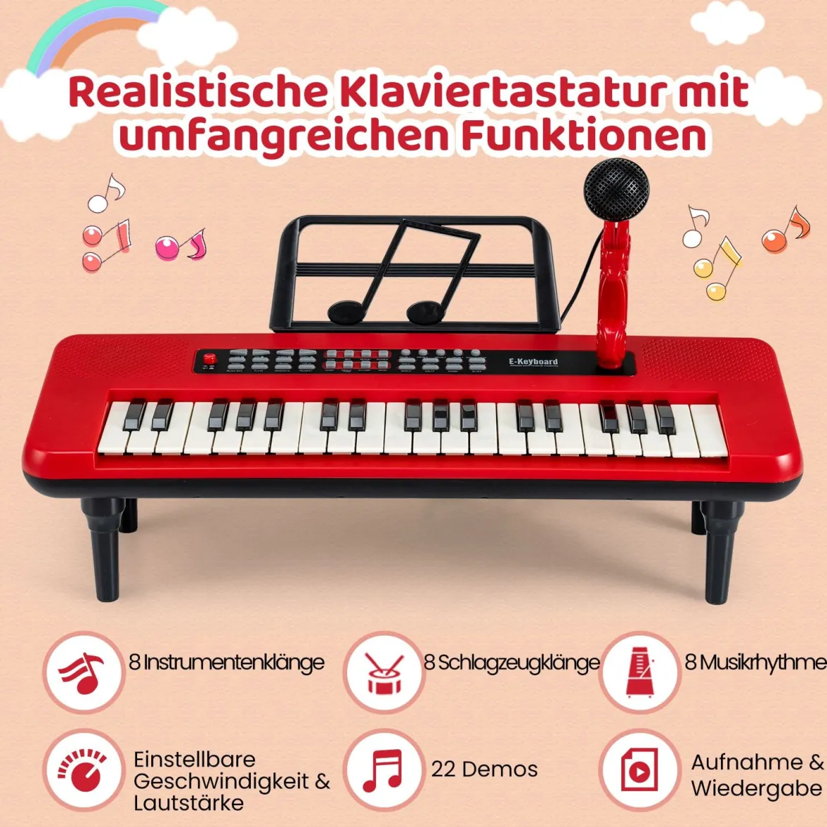 37 Tasten Elektronisches Klavier mit Mikrofon & Notenständer & Abnehmbare Beine Digitalpiano Rot