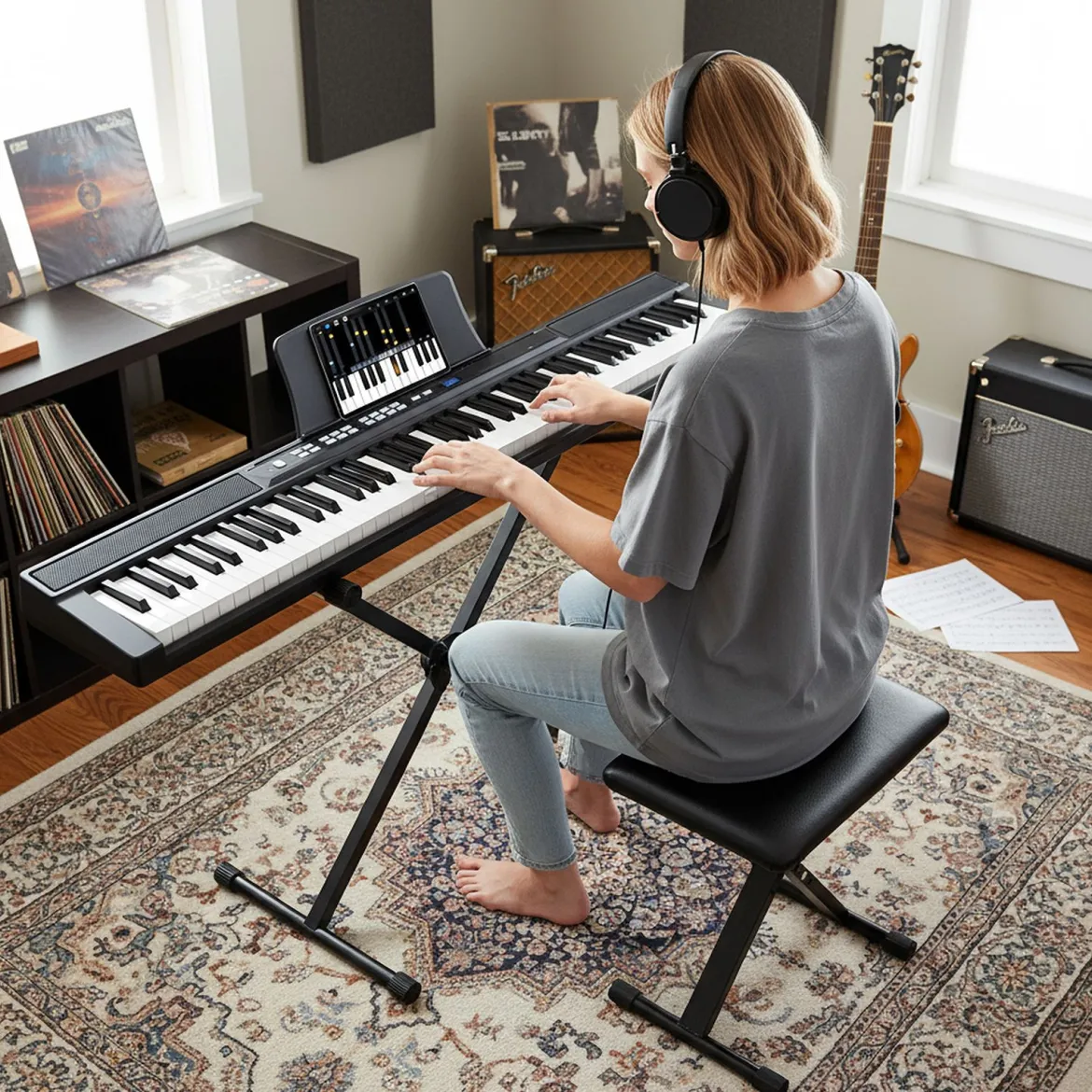 88 Tasten E-Piano mit Verstellbarem Ständer & Hocker & Sustain-Pedal Keyboard Schwarz
