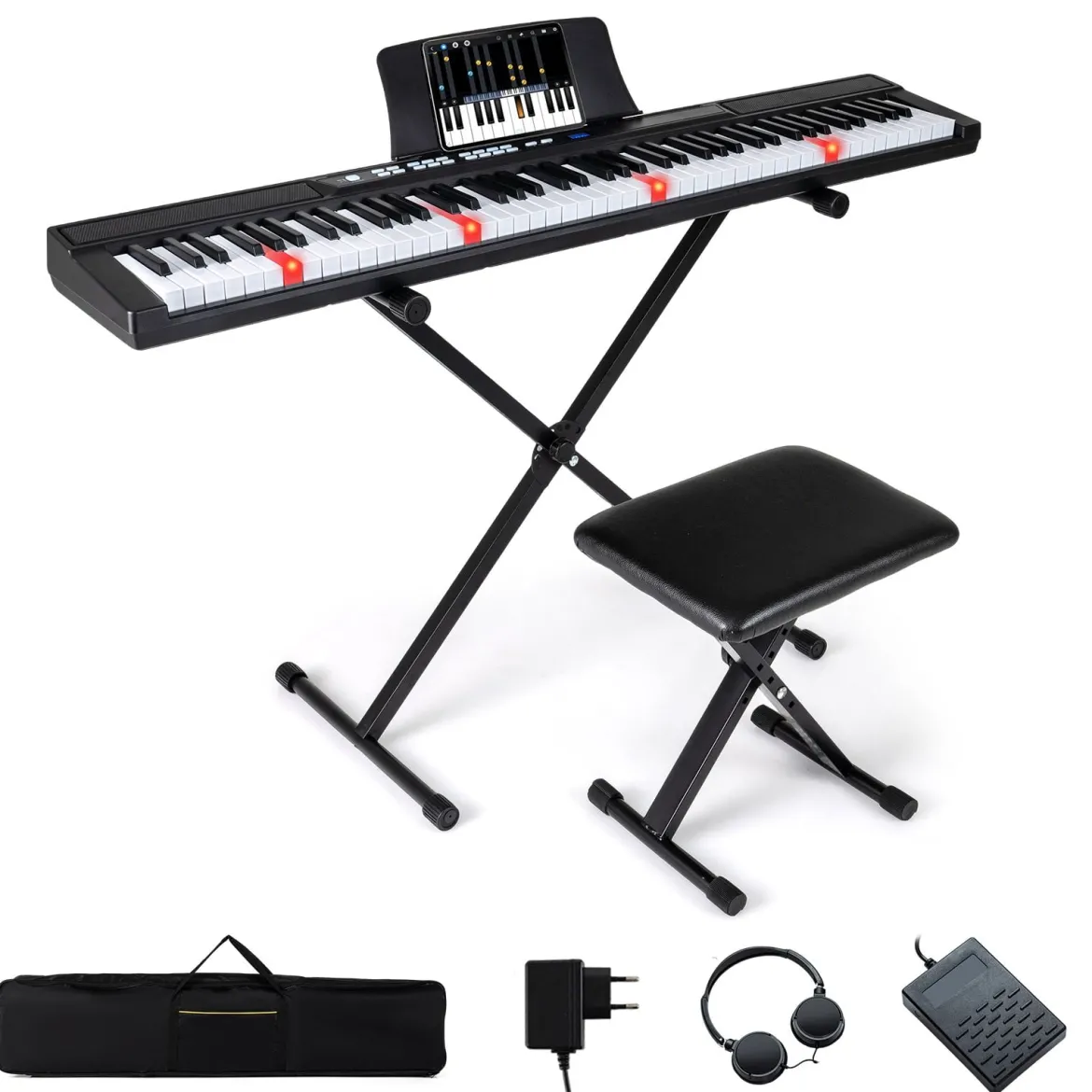 88 Tasten E-Piano mit Verstellbarem Ständer & Hocker & Sustain-Pedal Keyboard Schwarz