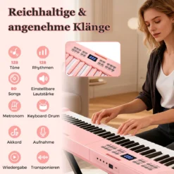 61-Tasten faltbares Klavierkeyboard vollwertiges elektronisches Keyboard mit MIDI- & Split-Funktion Rosa