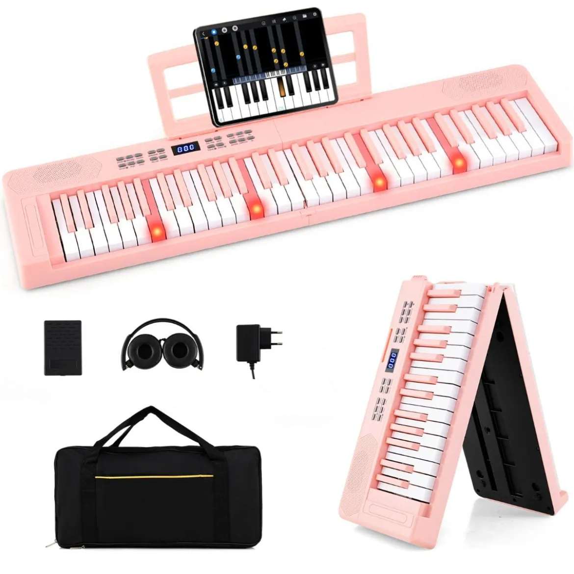 61-Tasten faltbares Klavierkeyboard vollwertiges elektronisches Keyboard mit MIDI- & Split-Funktion Rosa