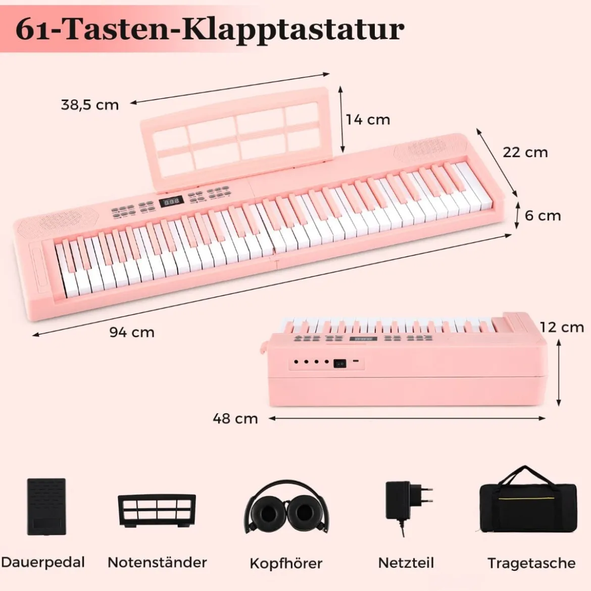 61-Tasten faltbares Klavierkeyboard vollwertiges elektronisches Keyboard mit MIDI- & Split-Funktion Rosa