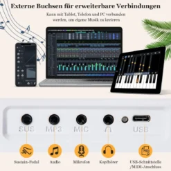 88 Tasten Keyboard Digitales Piano mit halbbeleuchteten Tasten 126 x 30 x 22,5 cm Weiß