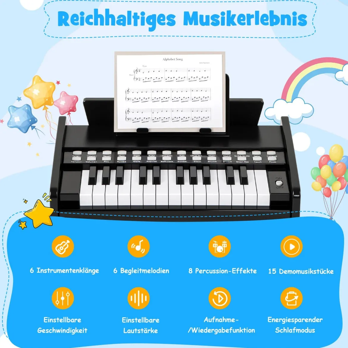 25 Tasten Keyboard Kinder Mini Digitales Klavier Holzspielzeug mit Einstellbarer Geschwindigkeit Schwarz