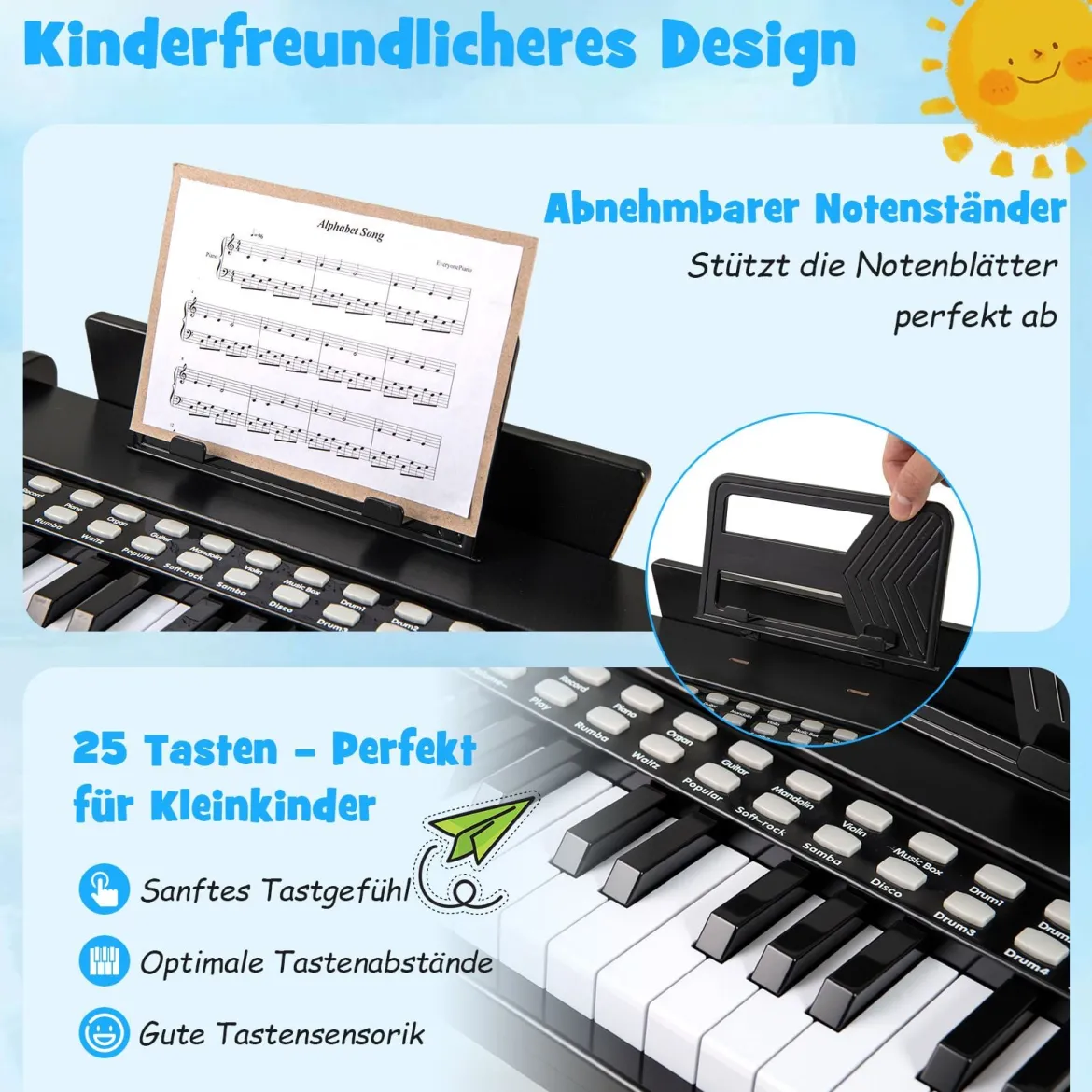 25 Tasten Keyboard Kinder Mini Digitales Klavier Holzspielzeug mit Einstellbarer Geschwindigkeit Schwarz