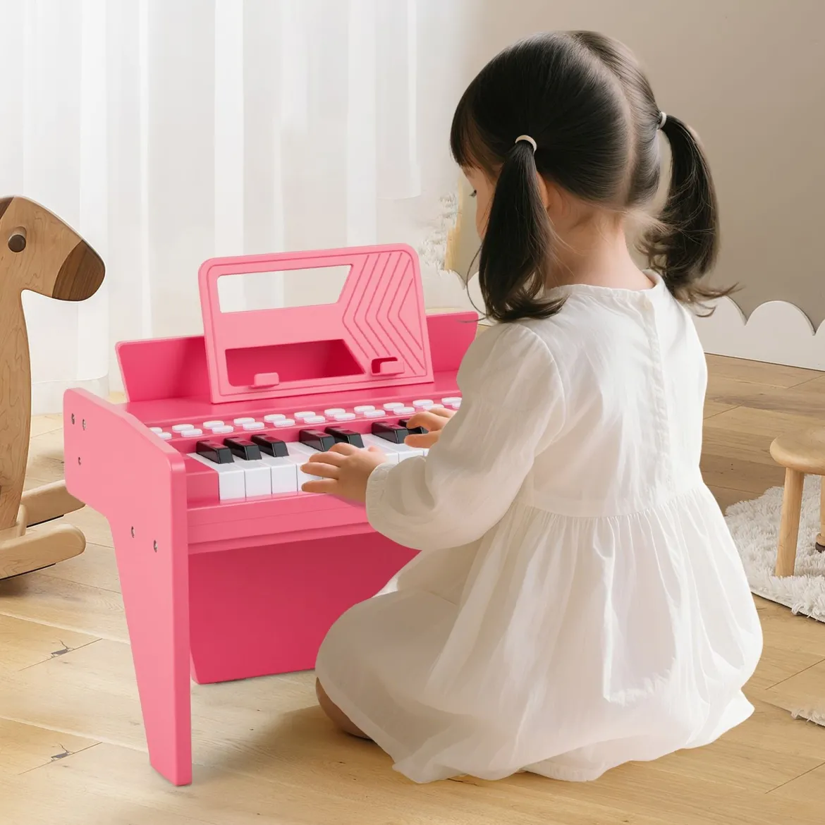 25 Tasten Keyboard Kinder Mini Digitales Klavier Holzspielzeug mit Einstellbarer Geschwindigkeit Rosa