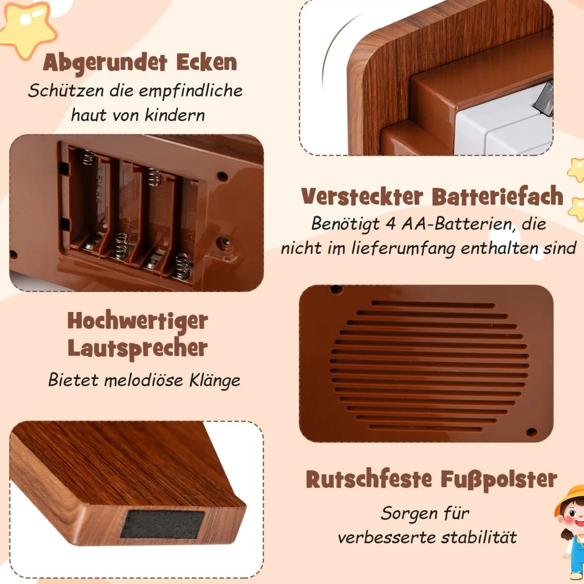 25 Tasten Keyboard Kinder Mini Digitales Klavier Holzspielzeug mit Einstellbarer Geschwindigkeit Braun