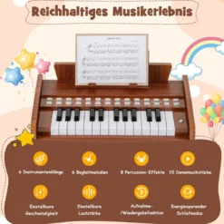 25 Tasten Keyboard Kinder Mini Digitales Klavier Holzspielzeug mit Einstellbarer Geschwindigkeit Braun