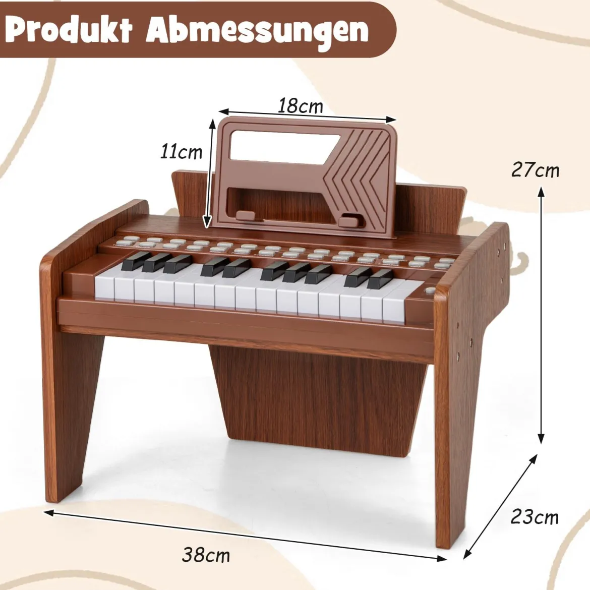 25 Tasten Keyboard Kinder Mini Digitales Klavier Holzspielzeug mit Einstellbarer Geschwindigkeit Braun