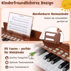 25 Tasten Keyboard Kinder Mini Digitales Klavier Holzspielzeug mit Einstellbarer Geschwindigkeit Braun