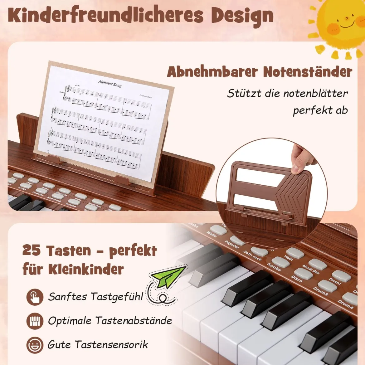 25 Tasten Keyboard Kinder Mini Digitales Klavier Holzspielzeug mit Einstellbarer Geschwindigkeit Braun