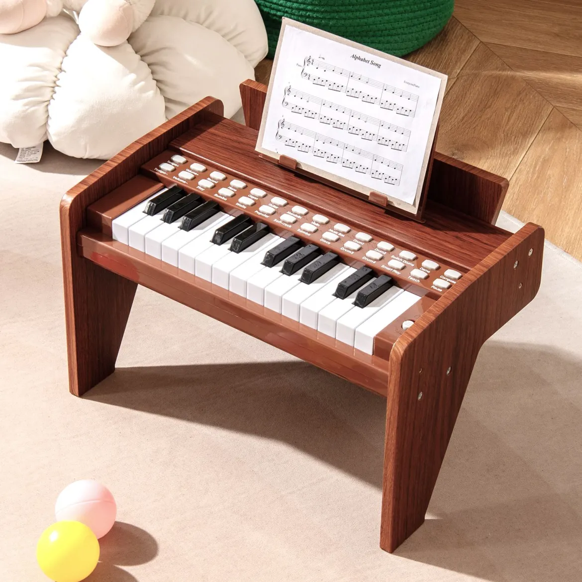 25 Tasten Keyboard Kinder Mini Digitales Klavier Holzspielzeug mit Einstellbarer Geschwindigkeit Braun