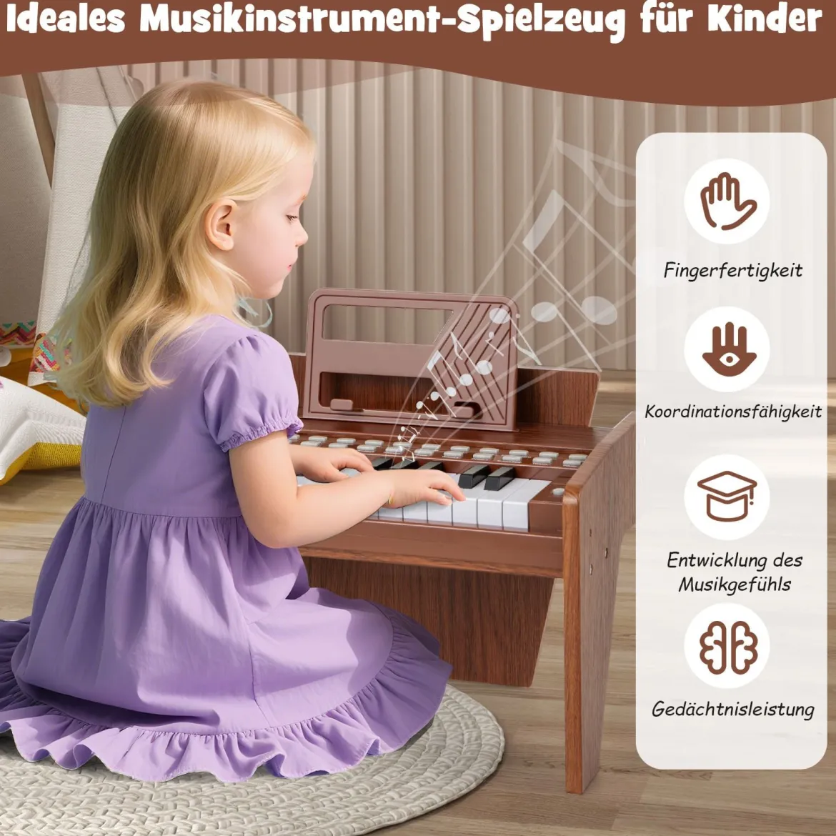 25 Tasten Keyboard Kinder Mini Digitales Klavier Holzspielzeug mit Einstellbarer Geschwindigkeit Braun