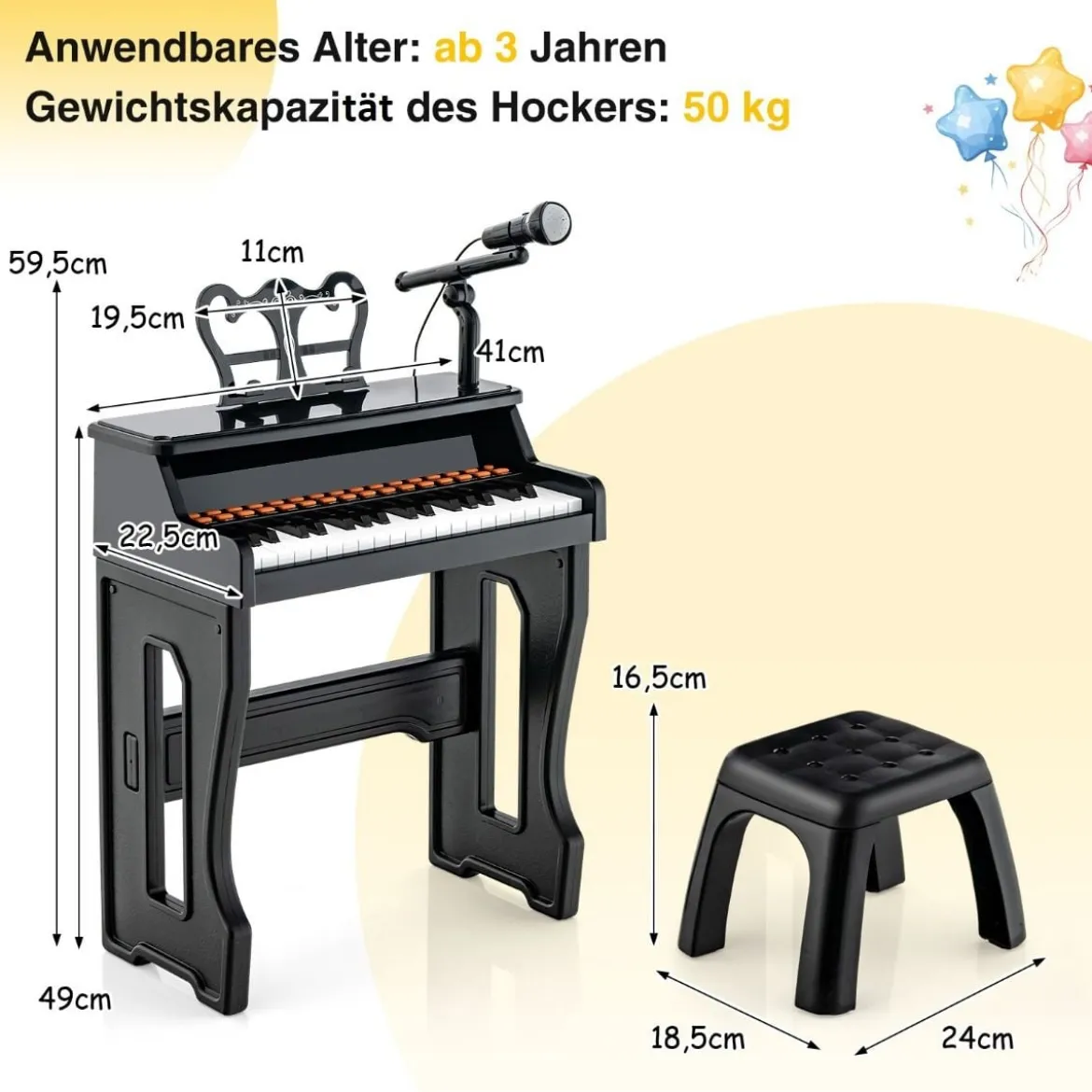 37-Tasten Kinder Keyboard elektronisches Kinderklavier mit Hocker Schwarz