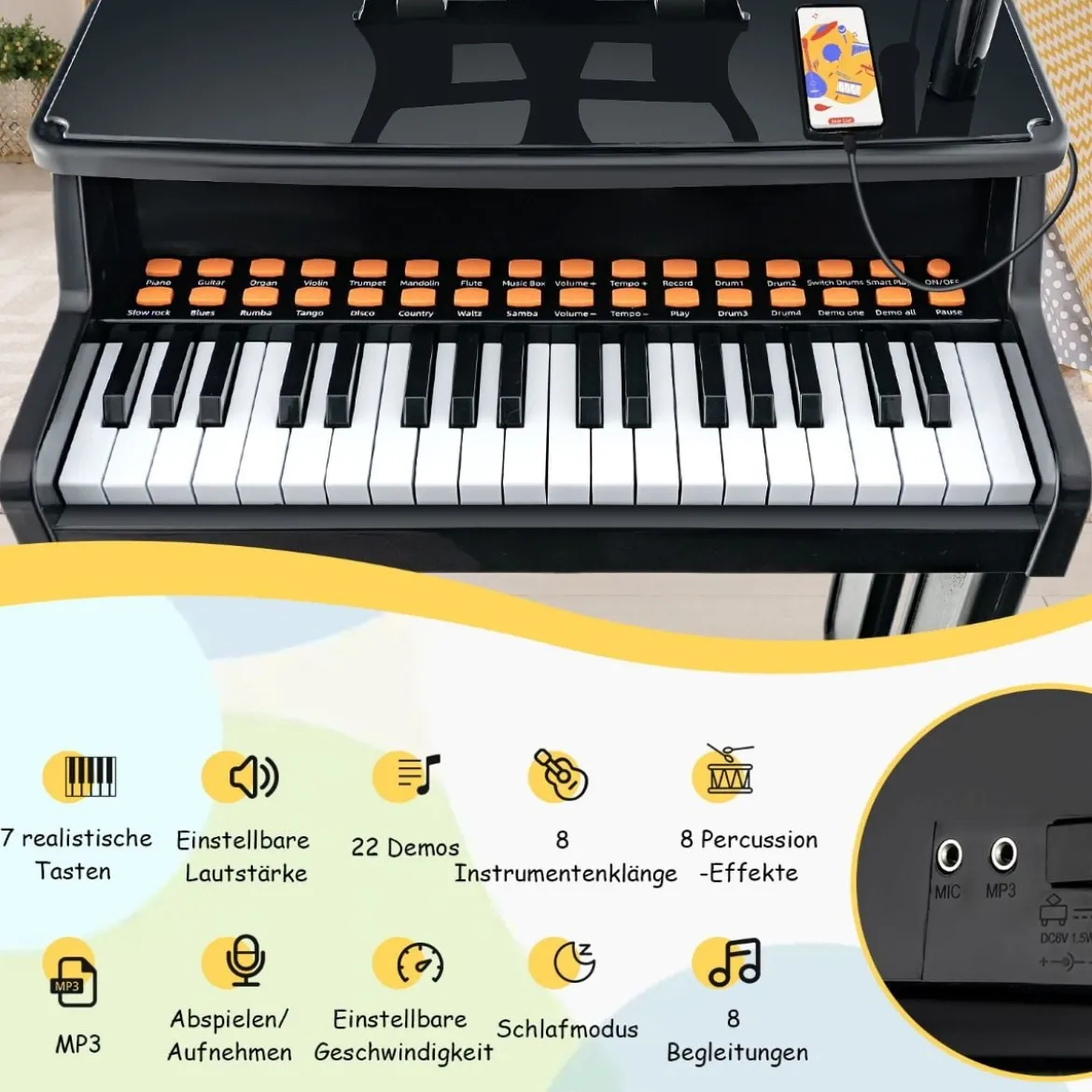 37-Tasten Kinder Keyboard elektronisches Kinderklavier mit Hocker Schwarz
