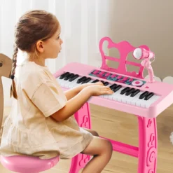37 Tasten Kinder Keyboard Kinderklavier elektronisch mit Hocker Mikrofon & Notenständer Rosa