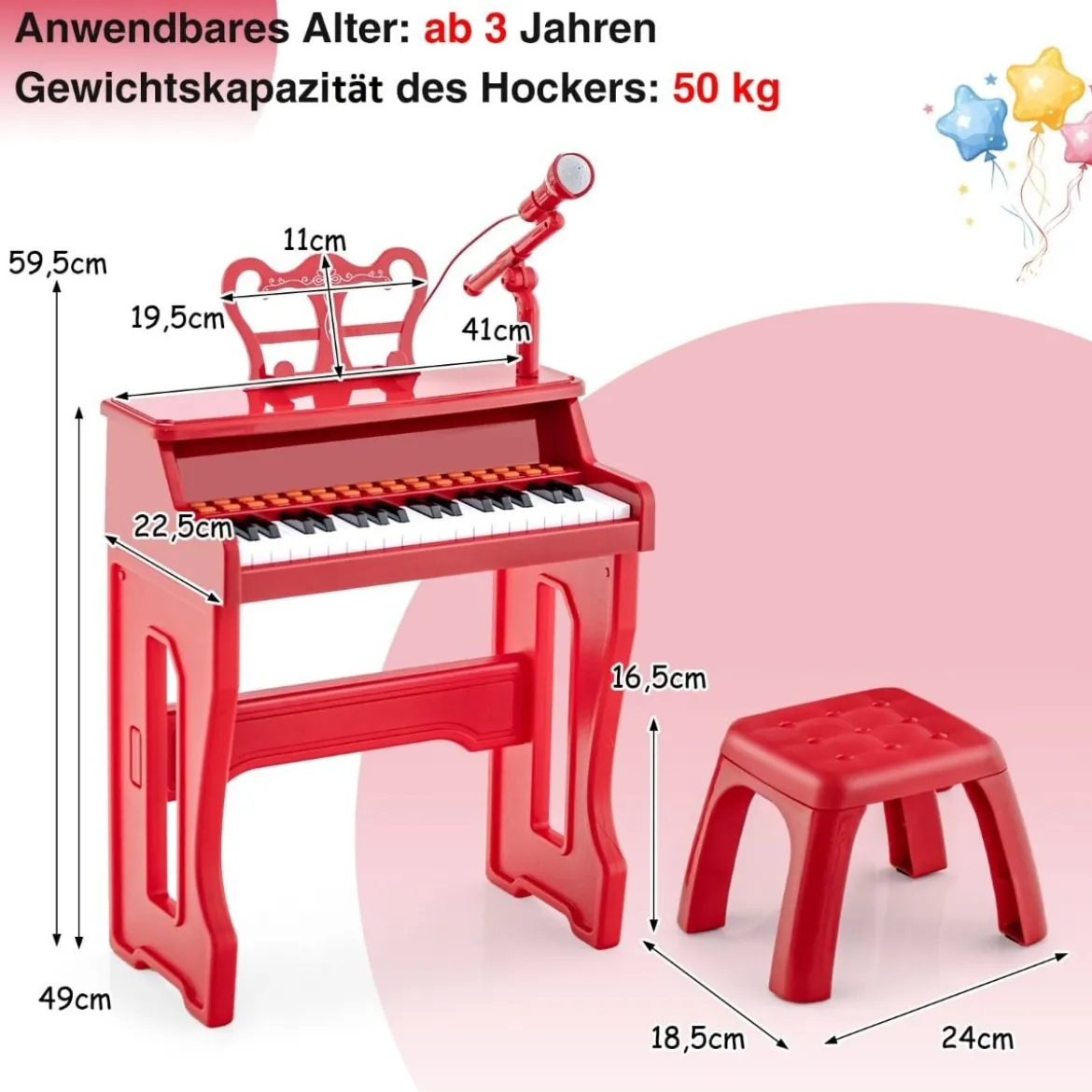 37-Tasten Kinder Keyboard mit Hocker & Verstellbarem Mikrofon & Notenständer Rot