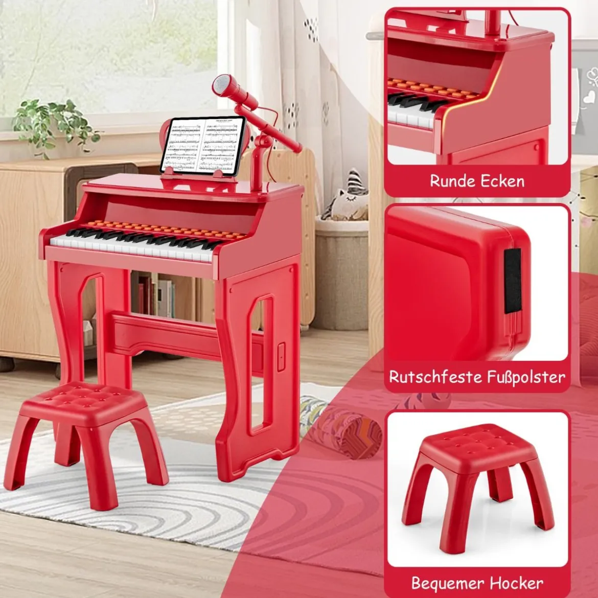 37-Tasten Kinder Keyboard mit Hocker & Verstellbarem Mikrofon & Notenständer Rot