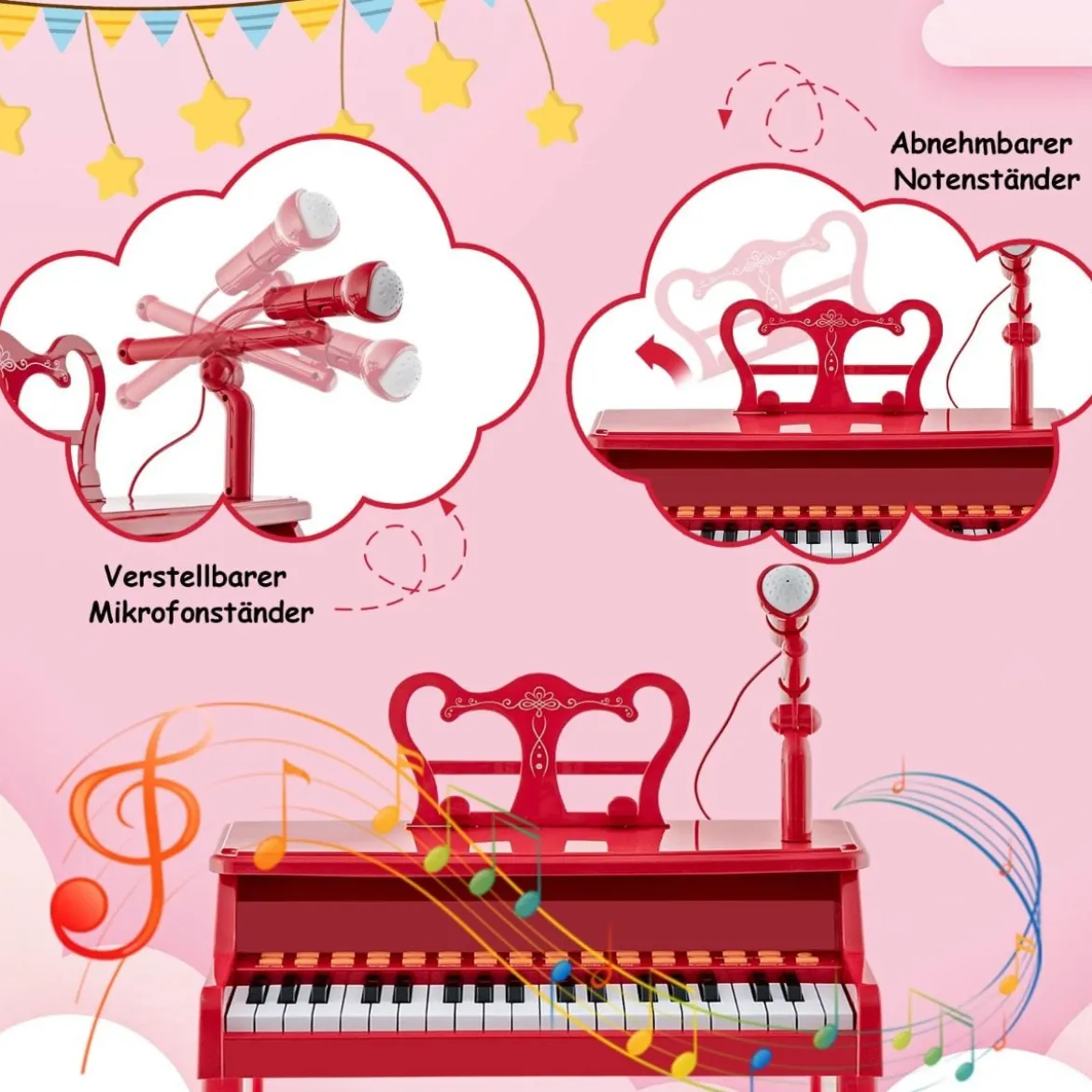 37-Tasten Kinder Keyboard mit Hocker & Verstellbarem Mikrofon & Notenständer Rot