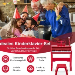 37-Tasten Kinder Keyboard mit Hocker & Verstellbarem Mikrofon & Notenständer Rot