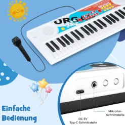 49 Tasten Kinder Klavier Keyboard mit 8 Rhythmen & 8 Klängen Tragbares Elektrisches Keyboard Weiß