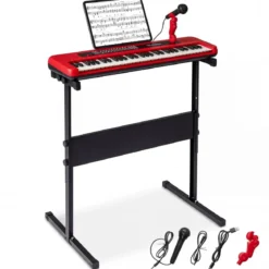 61 Tasten Kinder Piano Keyboard Innenmusikinstrument mit verstellbarem Ständer Mikrofon Rot