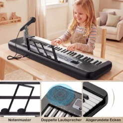 61 Tasten Kinder Piano Keyboard Innenmusikinstrument mit verstellbarem Ständer Mikrofon Schwarz