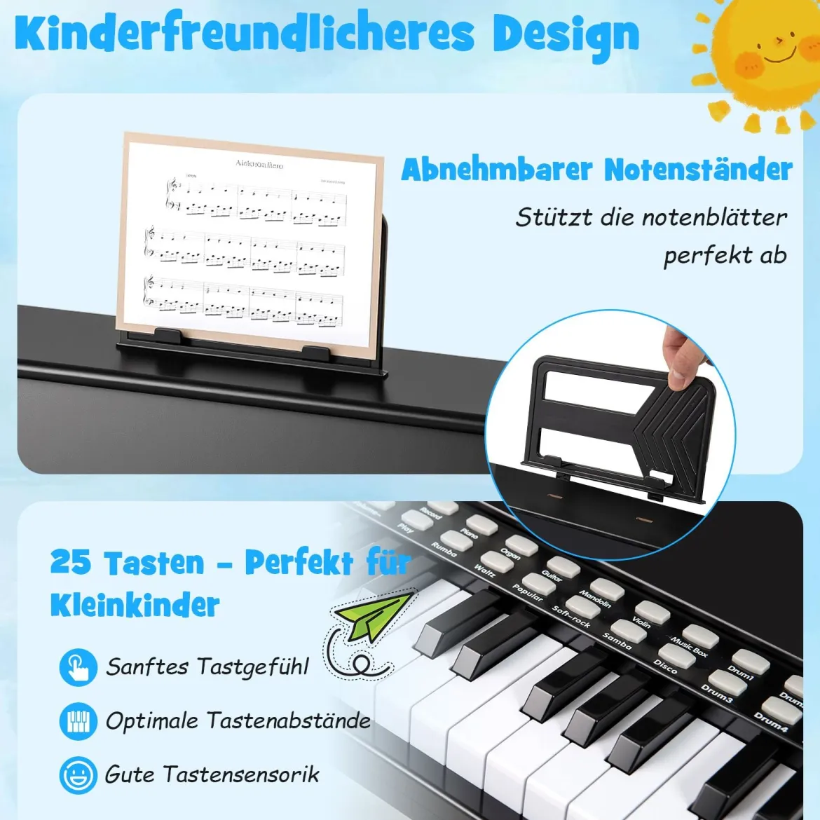 25 Tasten Mini Digitalpiano Kinder Elektrisches Klavier mit Einstellbarer Geschwindigkeit Schwarz