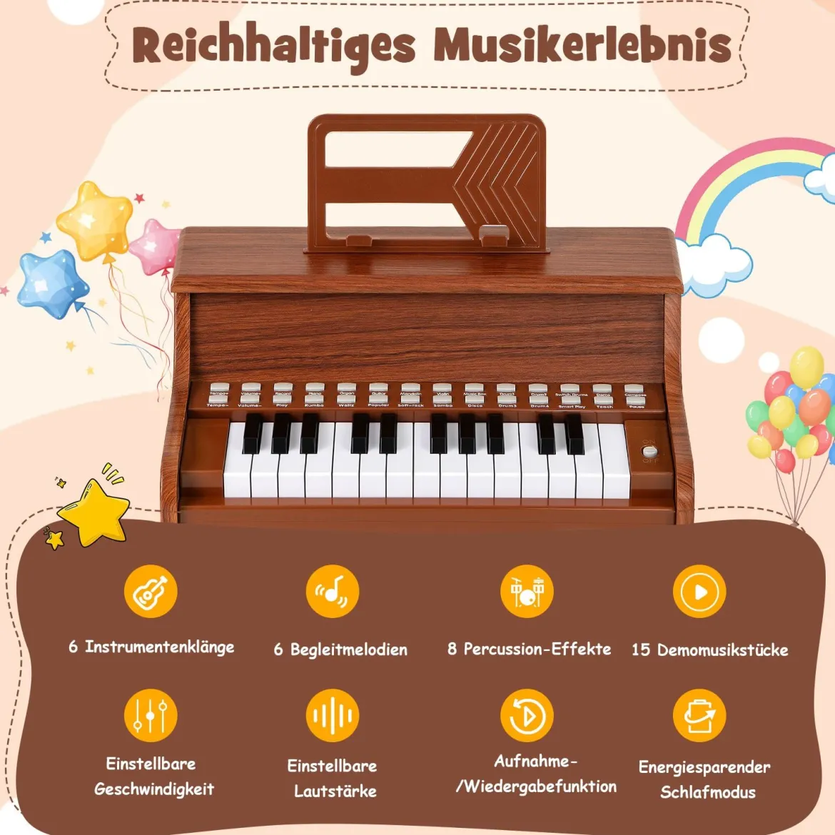 25 Tasten Mini Digitalpiano Kinder Elektrisches Klavier mit Einstellbarer Geschwindigkeit Braun