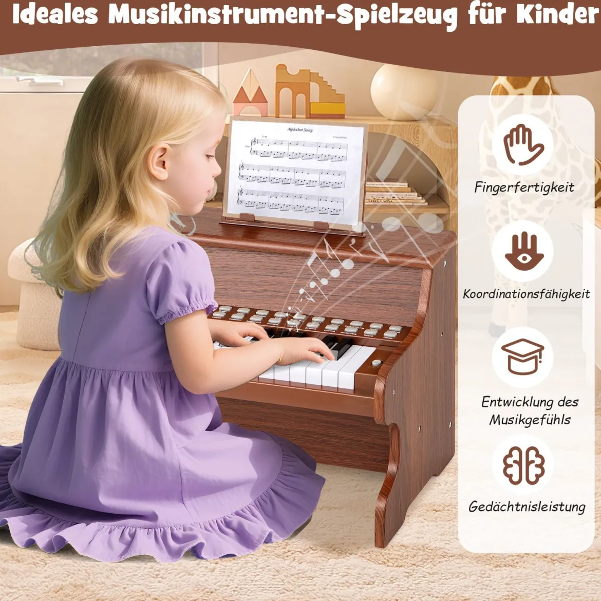 25 Tasten Mini Digitalpiano Kinder Elektrisches Klavier mit Einstellbarer Geschwindigkeit Braun