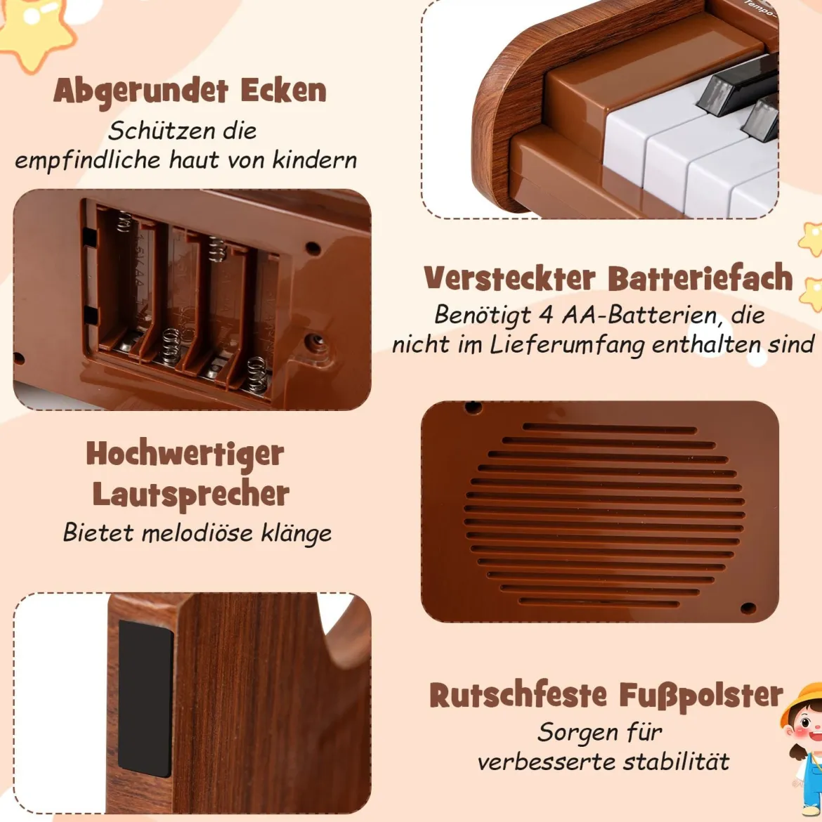 25 Tasten Mini Digitalpiano Kinder Elektrisches Klavier mit Einstellbarer Geschwindigkeit Braun