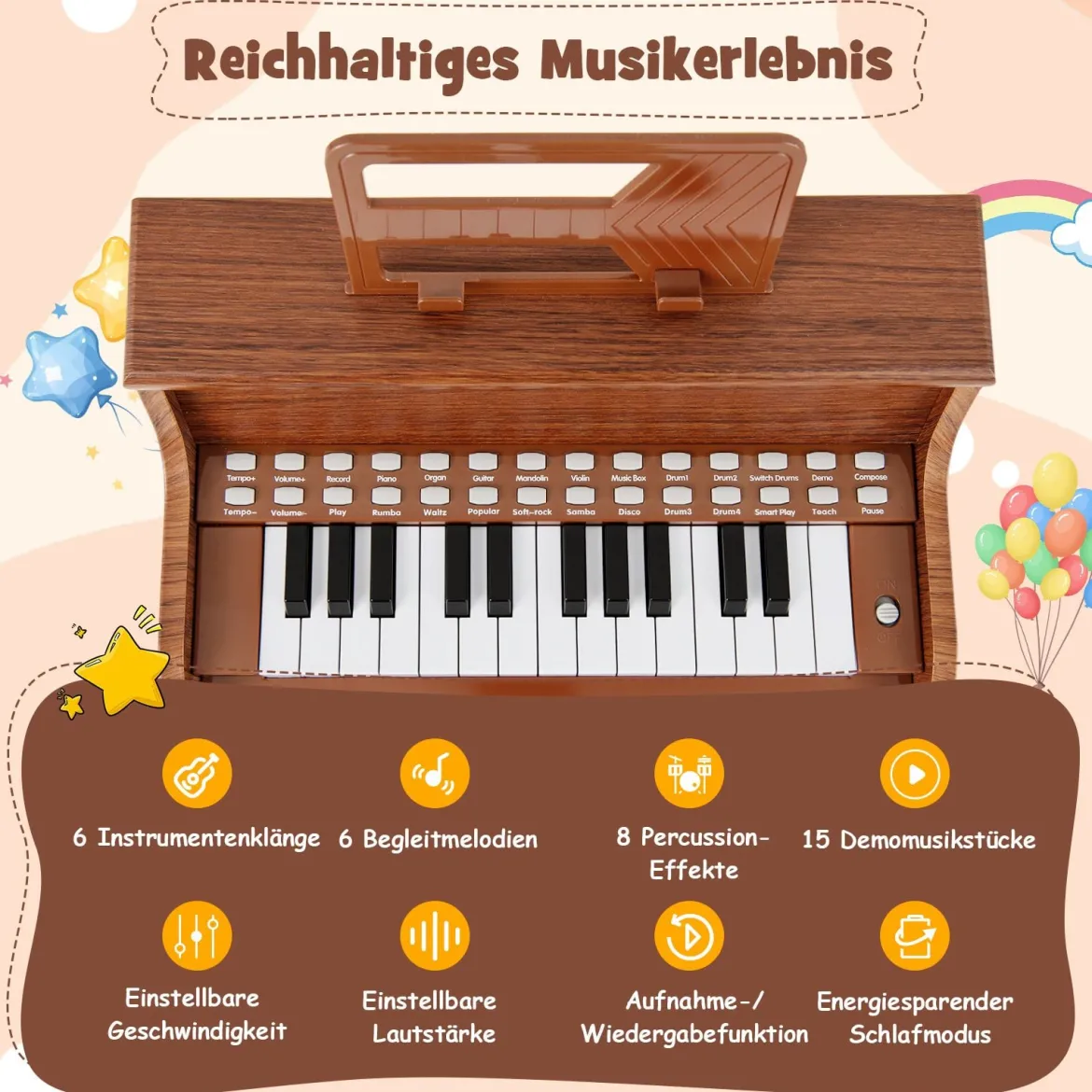 25 Tasten Mini Digitalpiano mit Hocker Kinder Klavier mit Einstellbarer Geschwindigkeit Braun