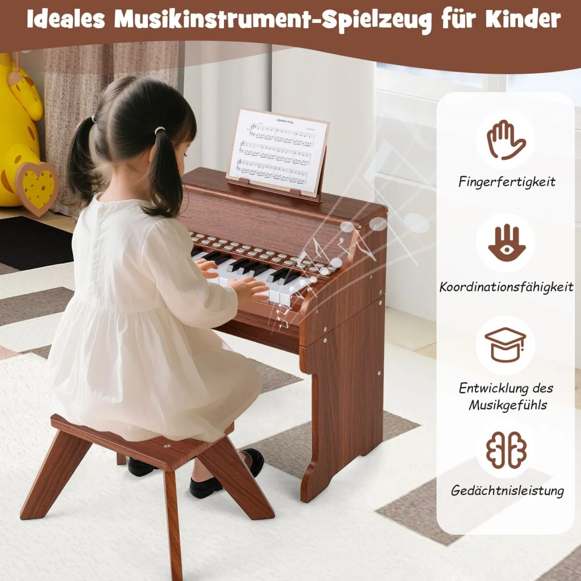 25 Tasten Mini Digitalpiano mit Hocker Kinder Klavier mit Einstellbarer Geschwindigkeit Braun
