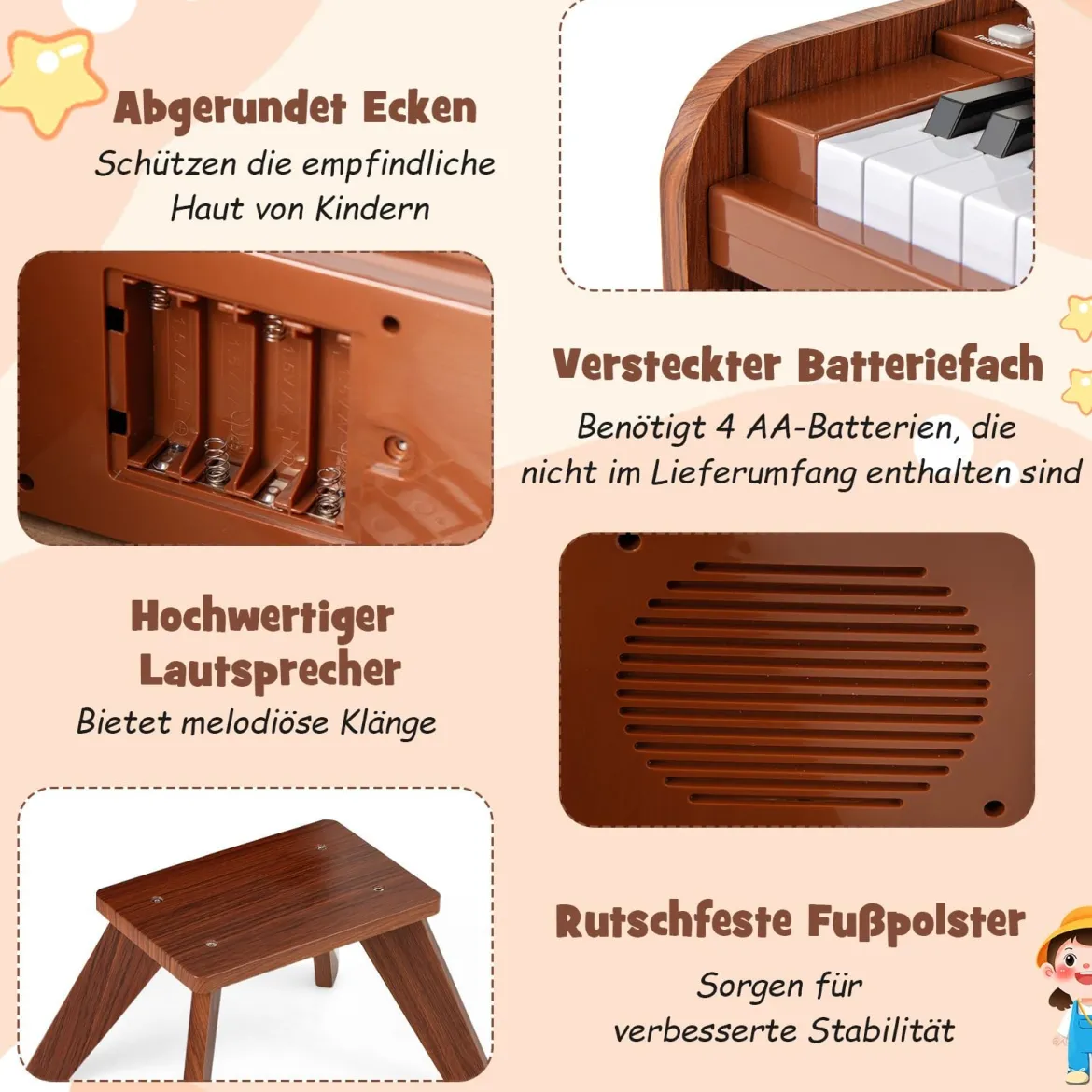 25 Tasten Mini Digitalpiano mit Hocker Kinder Klavier mit Einstellbarer Geschwindigkeit Braun