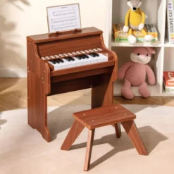 25 Tasten Mini Digitalpiano mit Hocker Kinder Klavier mit Einstellbarer Geschwindigkeit Braun
