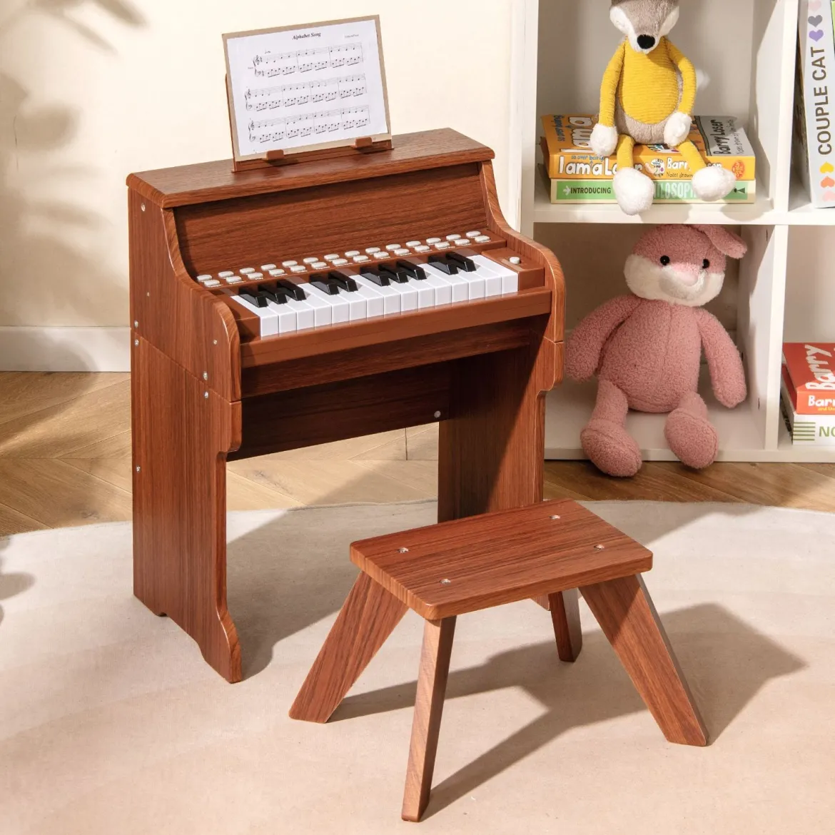 25 Tasten Mini Digitalpiano mit Hocker Kinder Klavier mit Einstellbarer Geschwindigkeit Braun