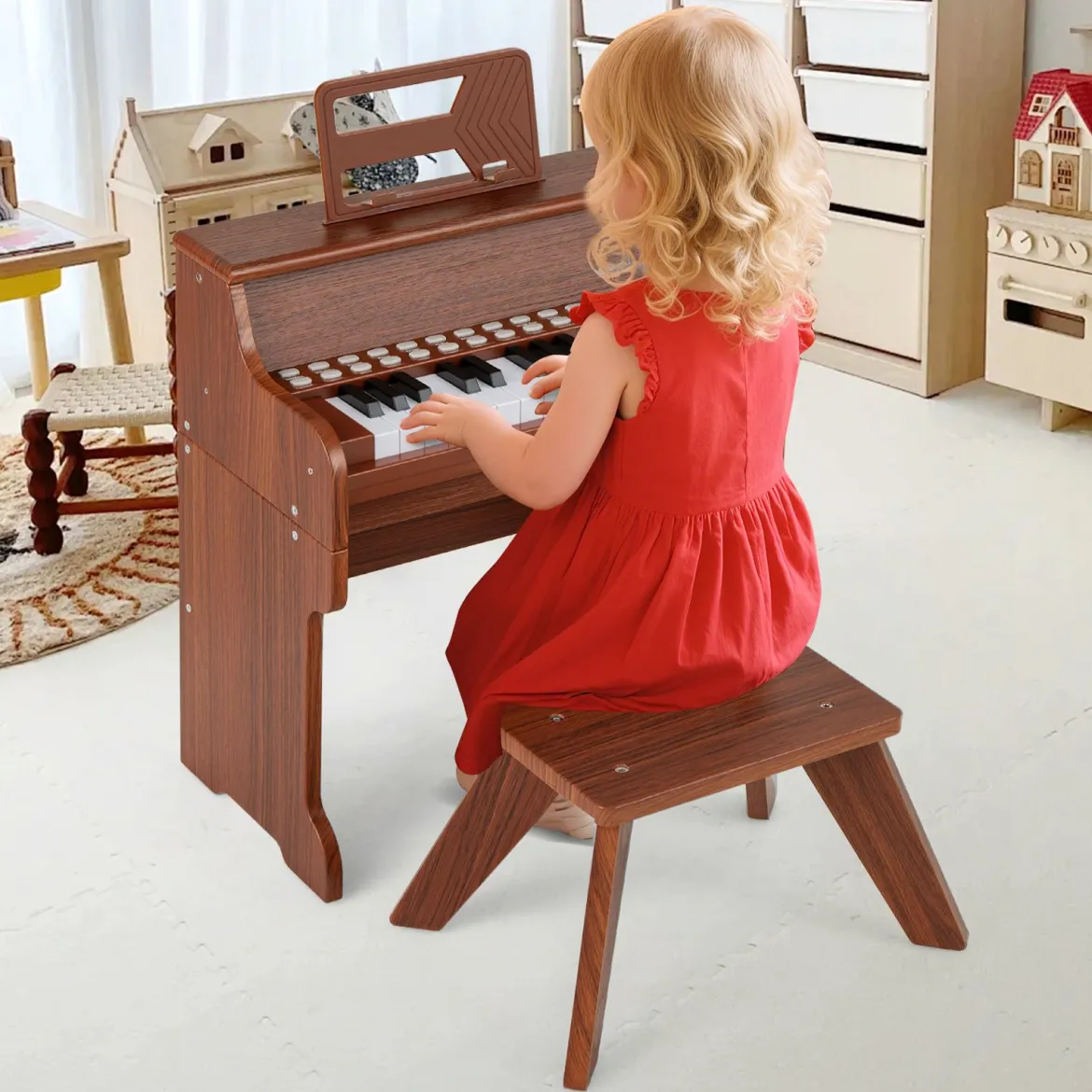 25 Tasten Mini Digitalpiano mit Hocker Kinder Klavier mit Einstellbarer Geschwindigkeit Braun