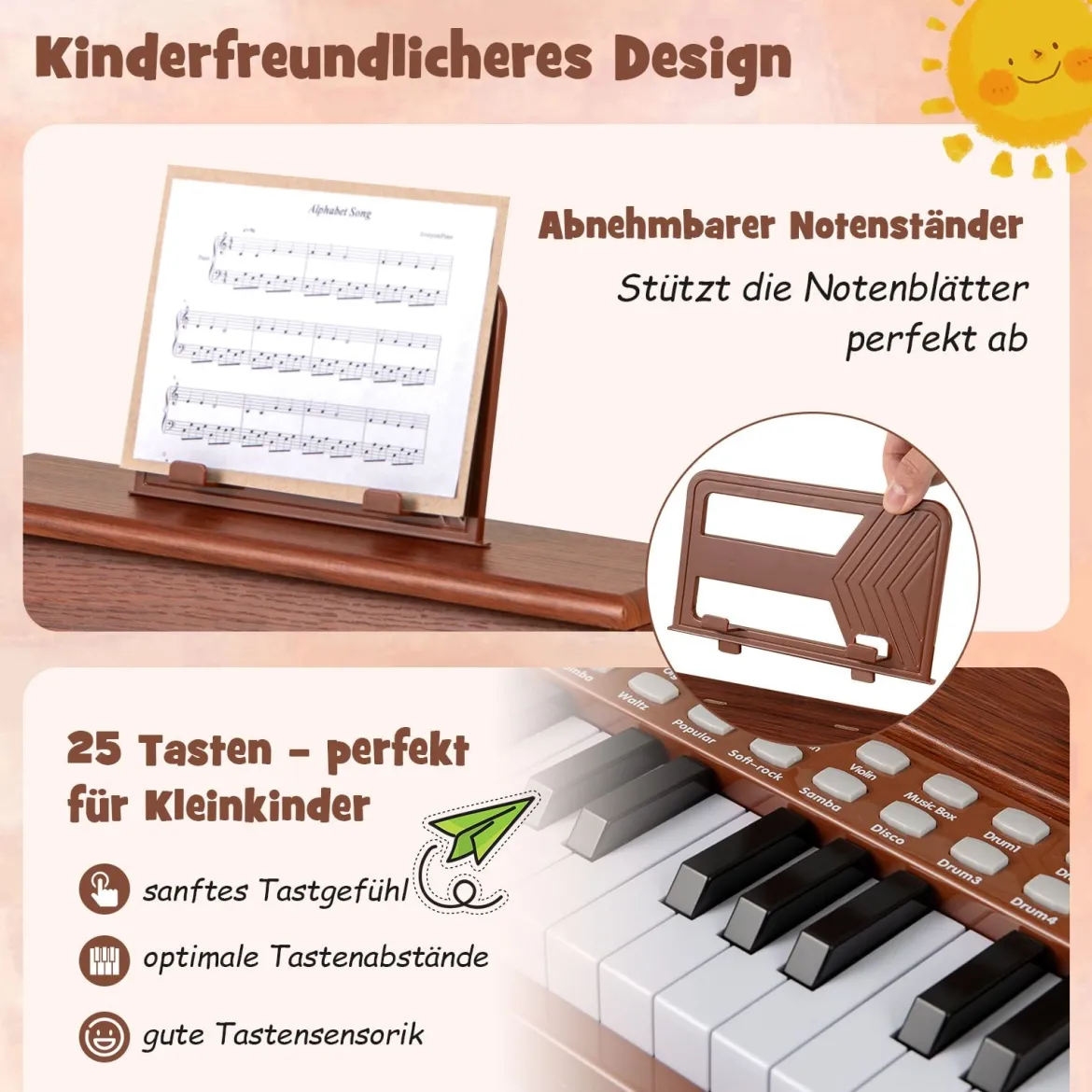 25 Tasten Mini Digitalpiano mit Hocker Kinder Klavier mit Einstellbarer Geschwindigkeit Braun