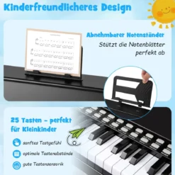 25 Tasten Mini Digitalpiano mit Hocker Kinder Klavier mit Einstellbarer Geschwindigkeit Schwarz