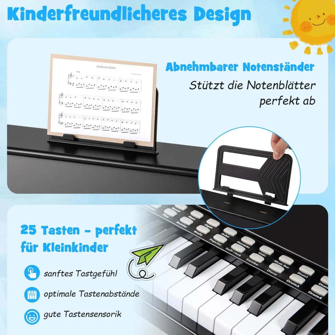 25 Tasten Mini Digitalpiano mit Hocker Kinder Klavier mit Einstellbarer Geschwindigkeit Schwarz