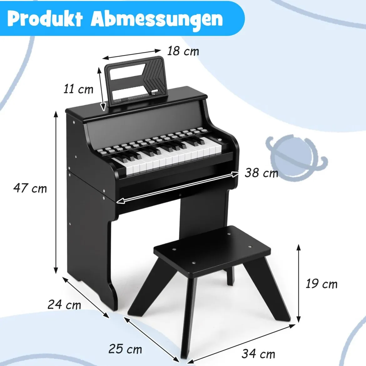 25 Tasten Mini Digitalpiano mit Hocker Kinder Klavier mit Einstellbarer Geschwindigkeit Schwarz