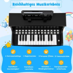 25 Tasten Mini Digitalpiano mit Hocker Kinder Klavier mit Einstellbarer Geschwindigkeit Schwarz