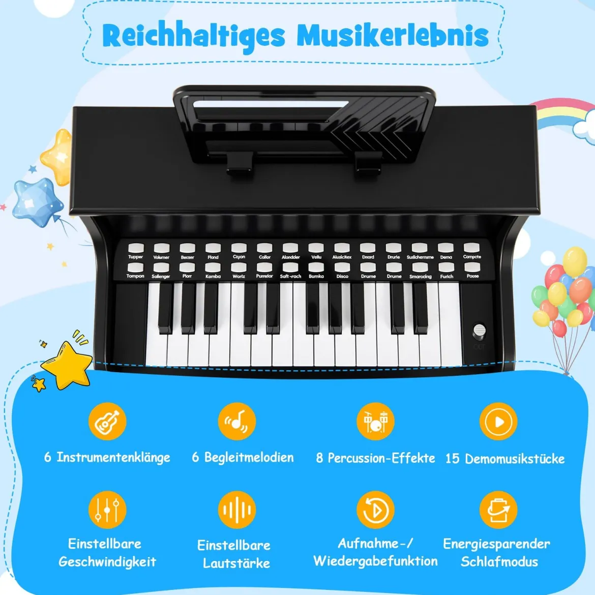 25 Tasten Mini Digitalpiano mit Hocker Kinder Klavier mit Einstellbarer Geschwindigkeit Schwarz