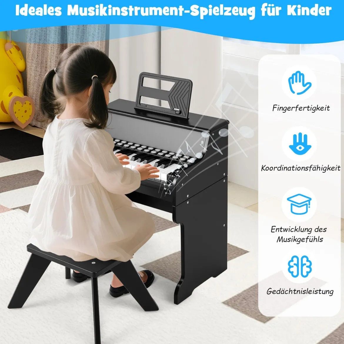 25 Tasten Mini Digitalpiano mit Hocker Kinder Klavier mit Einstellbarer Geschwindigkeit Schwarz