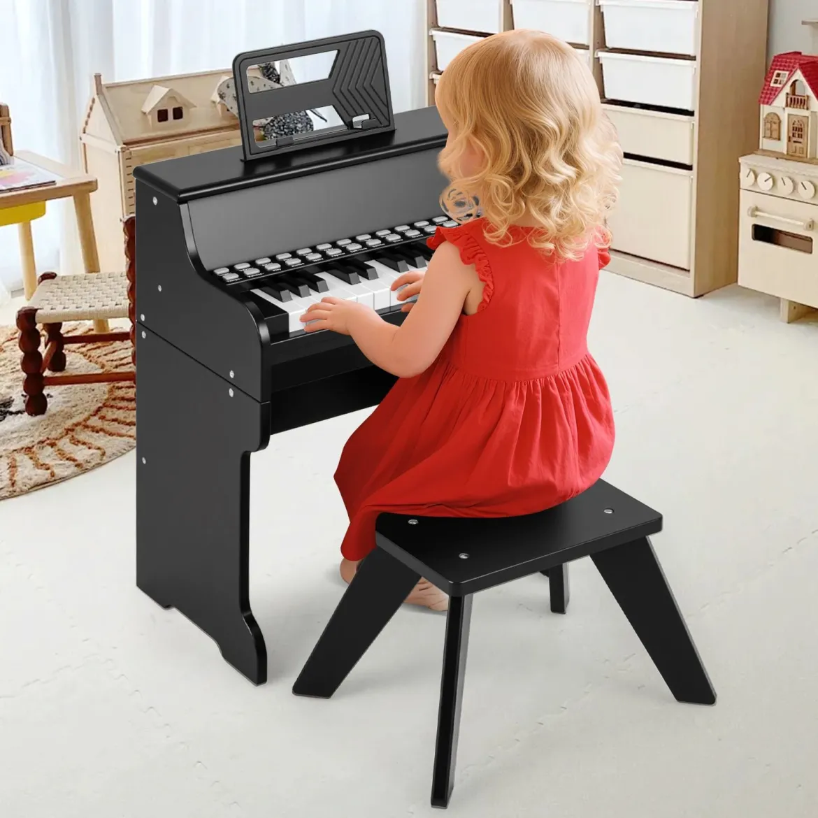 25 Tasten Mini Digitalpiano mit Hocker Kinder Klavier mit Einstellbarer Geschwindigkeit Schwarz