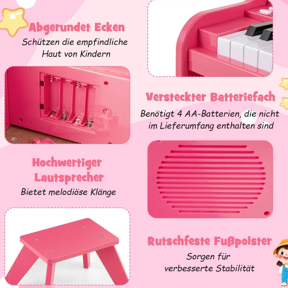 25 Tasten Mini Digitalpiano mit Hocker Kinder Klavier mit Einstellbarer Geschwindigkeit Rosa