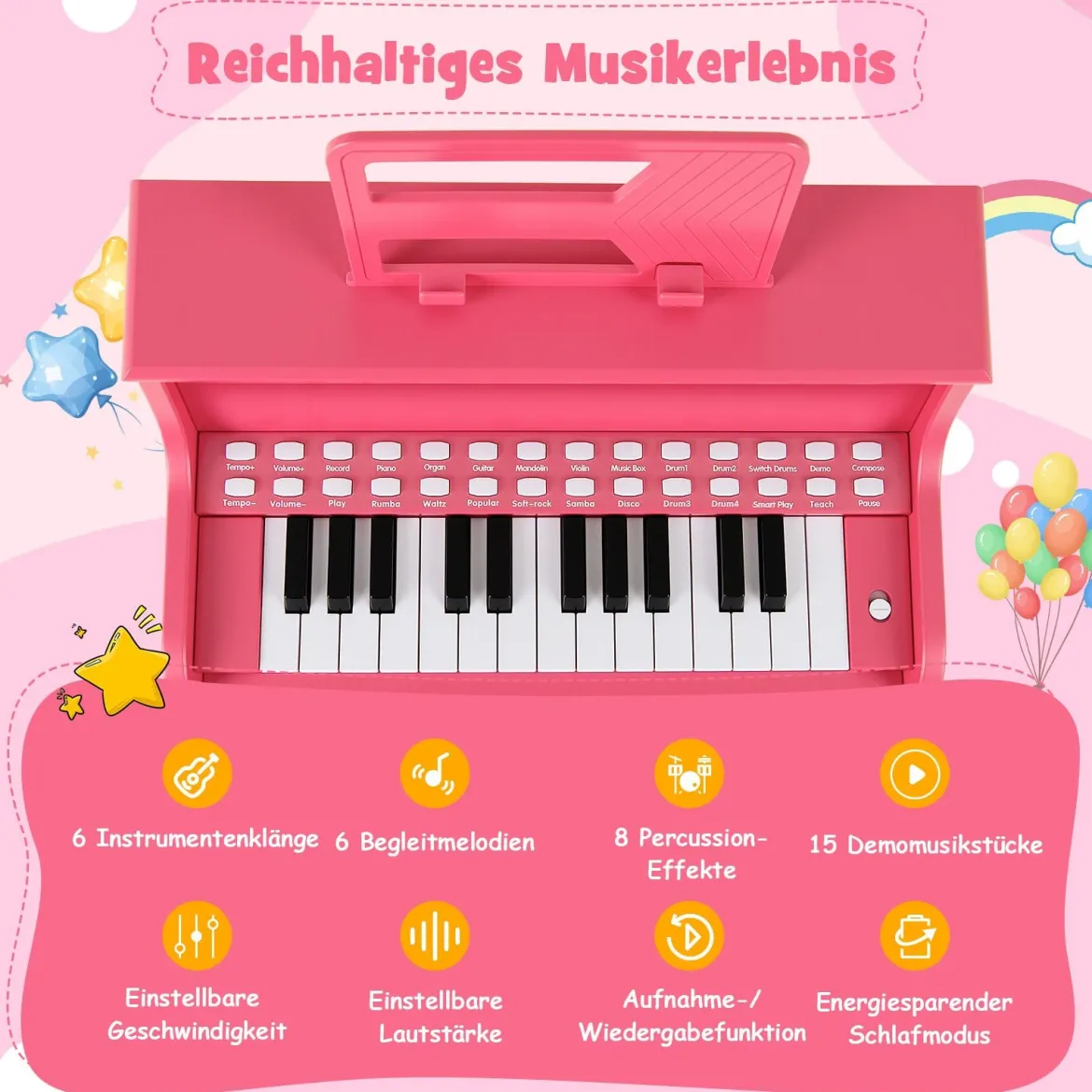 25 Tasten Mini Digitalpiano mit Hocker Kinder Klavier mit Einstellbarer Geschwindigkeit Rosa