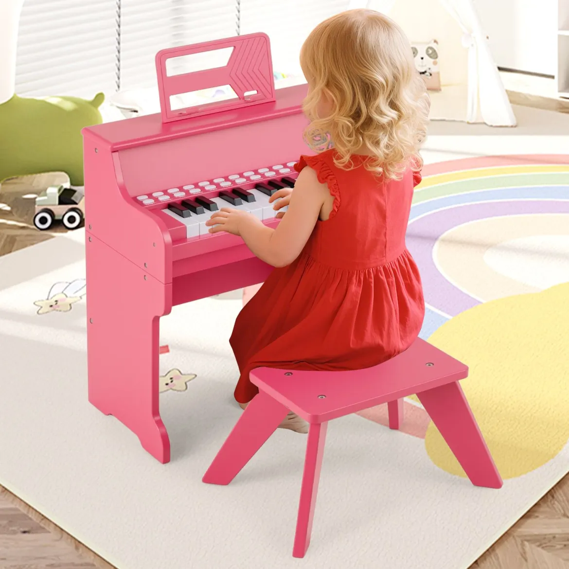 25 Tasten Mini Digitalpiano mit Hocker Kinder Klavier mit Einstellbarer Geschwindigkeit Rosa