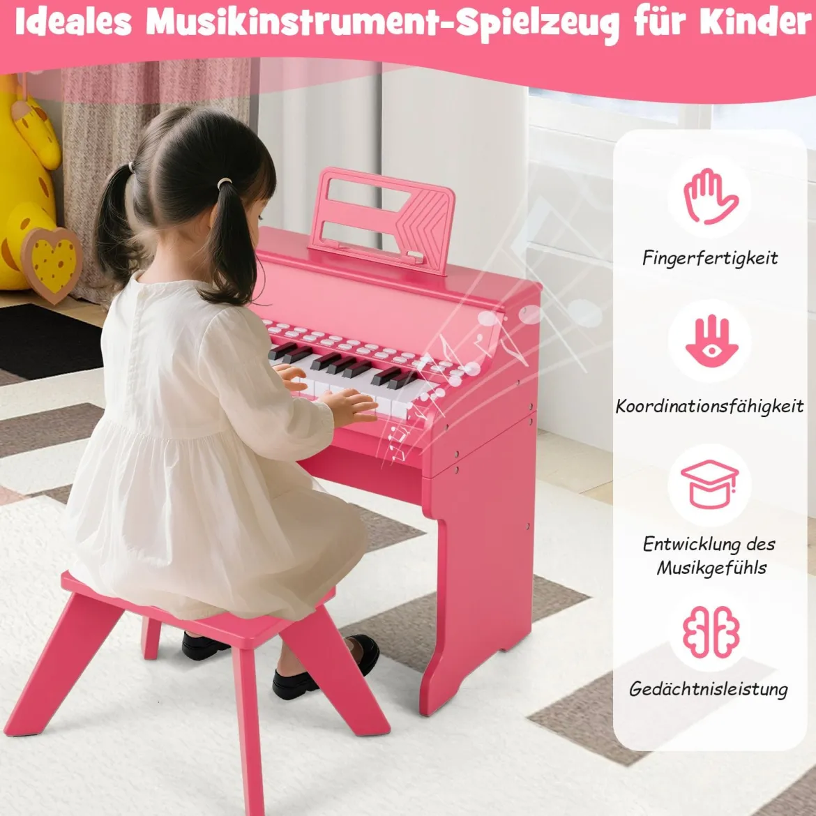 25 Tasten Mini Digitalpiano mit Hocker Kinder Klavier mit Einstellbarer Geschwindigkeit Rosa